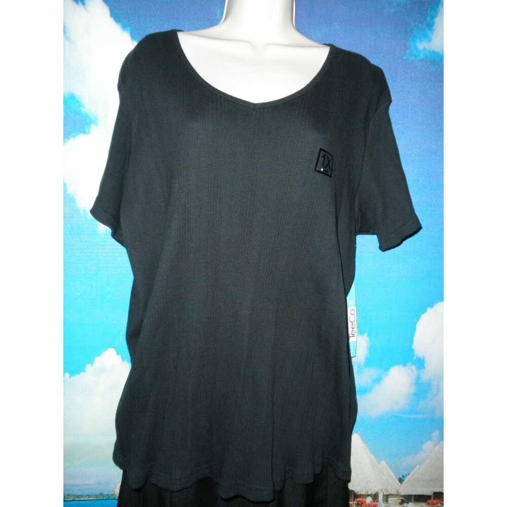 NEW by TEECO, BLACK, SHIRT, TOP, V-NECK, PLUS SIZE 1X, SHORT SLEEVE, KNIT